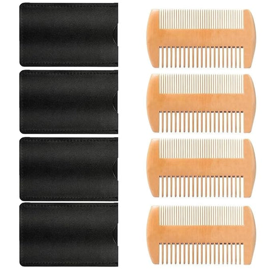 4 Pack Double-Sided Pocket Comb, Wooden Dual Action Beard and Mustache Comb Set with Leather Cases for Beards and Mustaches, Everyday Styling Comb For Detangling Knots (Mahogany)