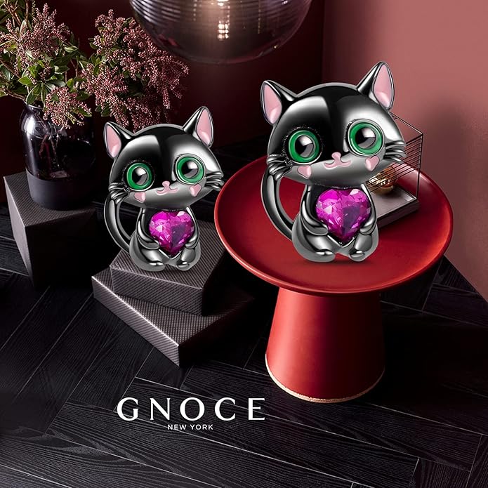 GNOCE Black Cat Embraces Heart Gemstone Charm Bead Sterling Silver Fit Bracelet/Necklace Jewelry Gift For Women Wife