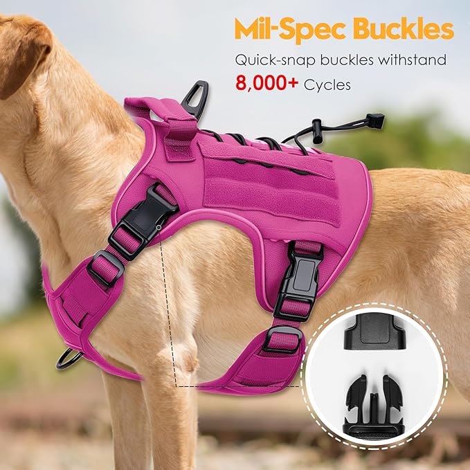 Heavy-Duty Tactical Dog Harness for Large Dogs, No Pull Adjustable Reflective Pet Vest with Molle System, K9 Military-Grade Control for Service Training, Outdoor & 10+ Breeds, Pink, XX-Large