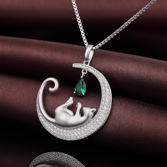 jiamiaoi 18K White Gold Plated Cat Necklace 925 Sterling Silver Diamond Cat Necklace Silver Cat On Moon Necklace for Women Gift for Birthday/Christmas, Come with Gift Box