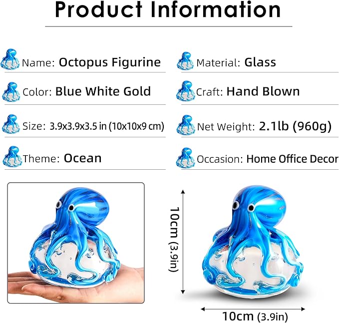 EUSTUMA Hand Blown Glass Octopus Figurine Ornament,Sea Animal Ornament for Fish Tank Aquarium,Sea Animals Collection for Birthday Gift,Glass Office Paperweight for Desk.