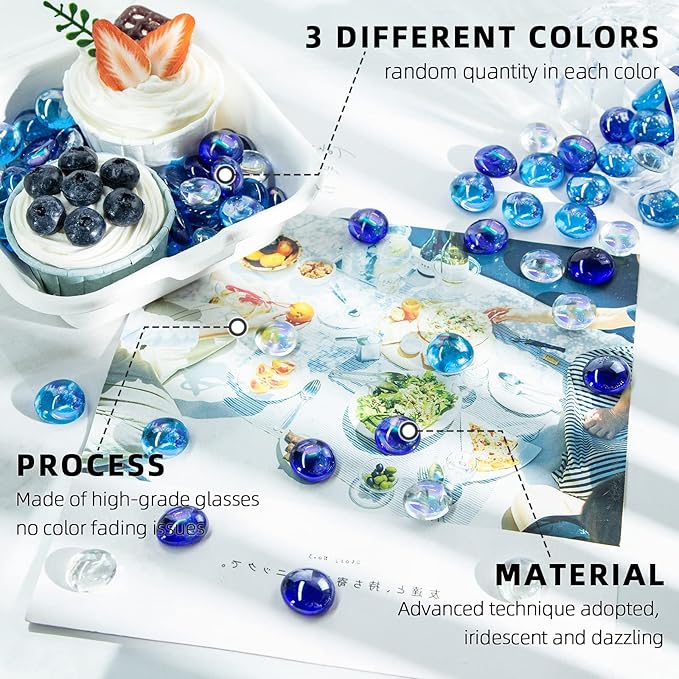 FUTUREPLUSX 1LB Iridescent Flat Glass Marbles, Blue Mixed Glass Beads Vase Fillers Decorative Gem Pebbles Sparkling Floral Fish Tank Rocks for Vases Table Scatter Aquarium Decor DIY Craft