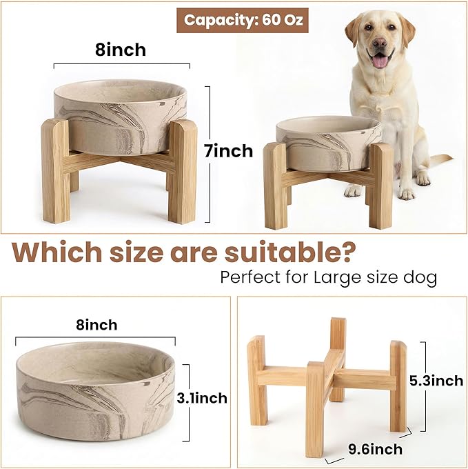 hjn Elevated Ceramic Dog Bowl with Bamboo Stand, Raised Pet Feeding Station for Small Medium Dogs Cats, Modern Design with Anti-Slip Base (Marble Brown, 7.6Cup)