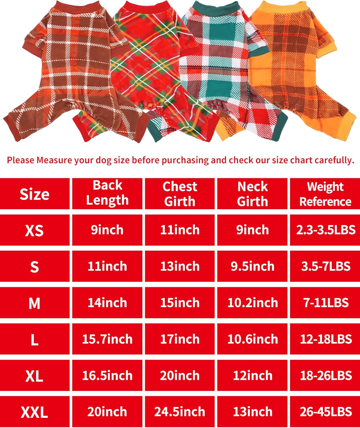 PET SHOW 4 Pack Small Dog Pajamas Holiday Dog Clothes for Medium Dogs Girl Boy Soft Stretchy PJs Plaid Jumpsuit Puppy Fall Onesies Outfits with Sleeve Pets Dachshund Costume(XL, Plaid)