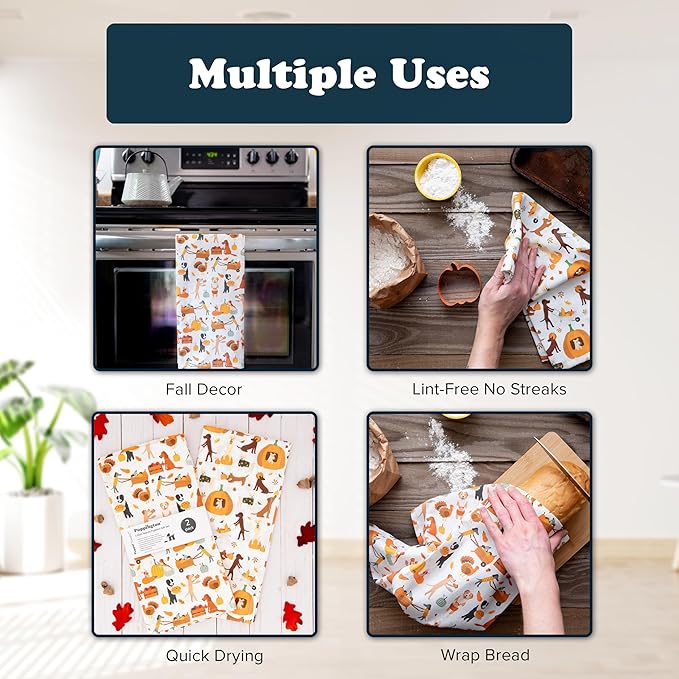 Dog Kitchen Towels - Thanksgiving Kitchen Towels - Fall Decor Dog Lover Gifts - Dog Thanksgiving Decor Dish Towels - Thanksgiving Tea Towels - (Harvest Hounds 2-Pack)