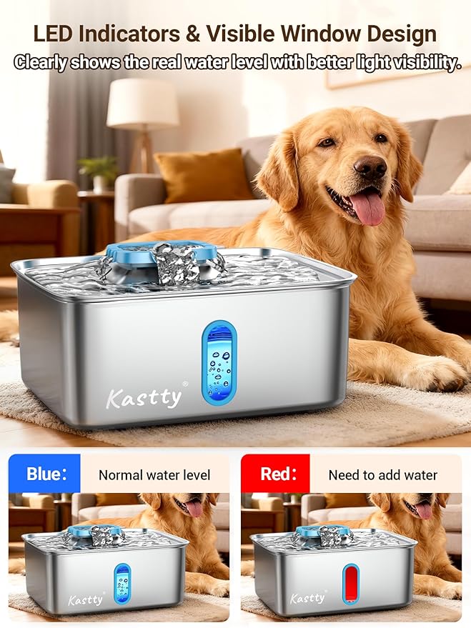 Kastty 4 Gal Large Dog Water Fountain,15L Stainless Steel Dog Water Bowl Dispenser with Water Level Window and LED Light,Ultra Quiet Automatic Pet Water Fountain Easy Cleaning(FS78,Blue)
