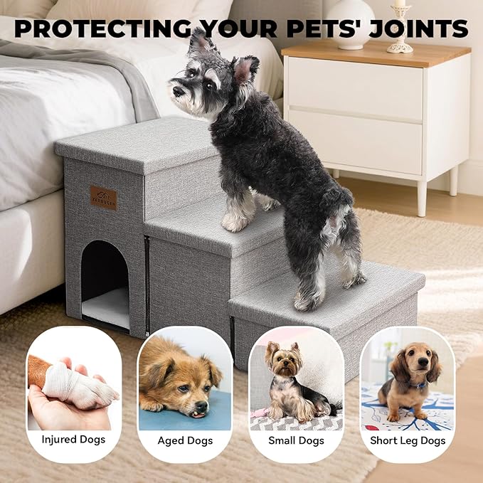Dog Stairs 18" H, 3-Step Wider Dog Steps for High Beds Couch, Folding Storage Pet Stairs Gift for Small/Medium/Large Old Dogs Cats, Ramp for Climbing Car Up to 200 lbs, (Gray, with Condo)