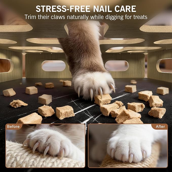 Cat Nail File Box with 5 Sandpaper Pads & 4 Bell Balls, Sturdy Wood Self-Grooming Scratcher for Treat-Motivated Cats, Interactive Cat Scratch Puzzle Enrichment Box with Silicone Security Rings