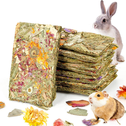 Abizoo Rabbit Natural Treats,10Pcs Timothy Hay Toys Chips Bunny chew Toys with Herbal Flowers Guinea Pig Treats for Hamster Chinchillas Gerbils Rats Small Animals Teeth Care Crisp Snacks