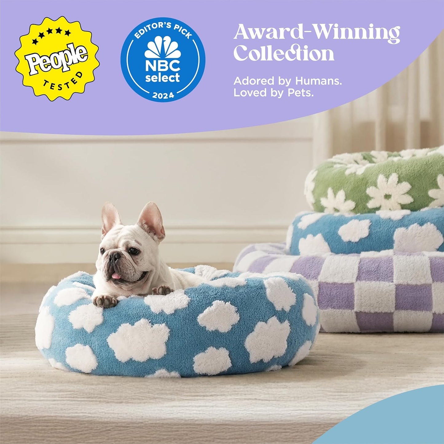 LE SURE Donut Small Dog Bed - Round Cat Beds for Indoor Cats Calming Pet Beds, Cute Modern Beds with Jacquard Shaggy Plush & Anti Slip Bottom, 23 Inch, Purple