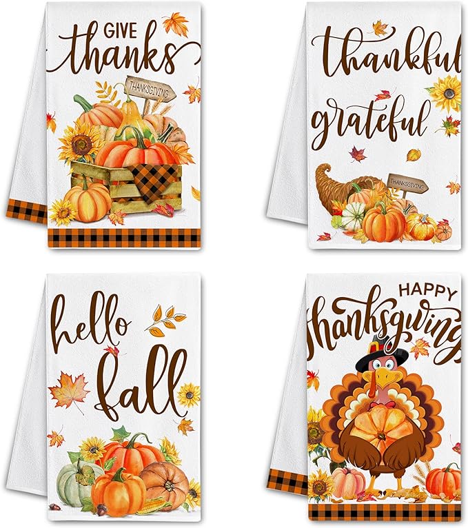Hexagram Thanksgiving Kitchen Towels-Thanksgiving Kitchen Decor, Decorative Dish Tea Towels with Sayings-Fall Housewarming Gifts for Decorations, Turkey and Pumpkins Hand Towels Set of 4