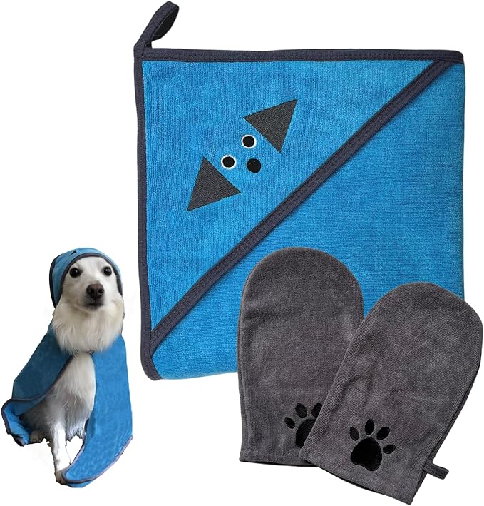 Penny & Niko Multi Purpose Microfiber Pet Towel and Mitt Set - Cat, Dog Drying Towel/Hooded Robe and Paw Cleaning Gloves - 30x30 inches - Blue/Gray Set