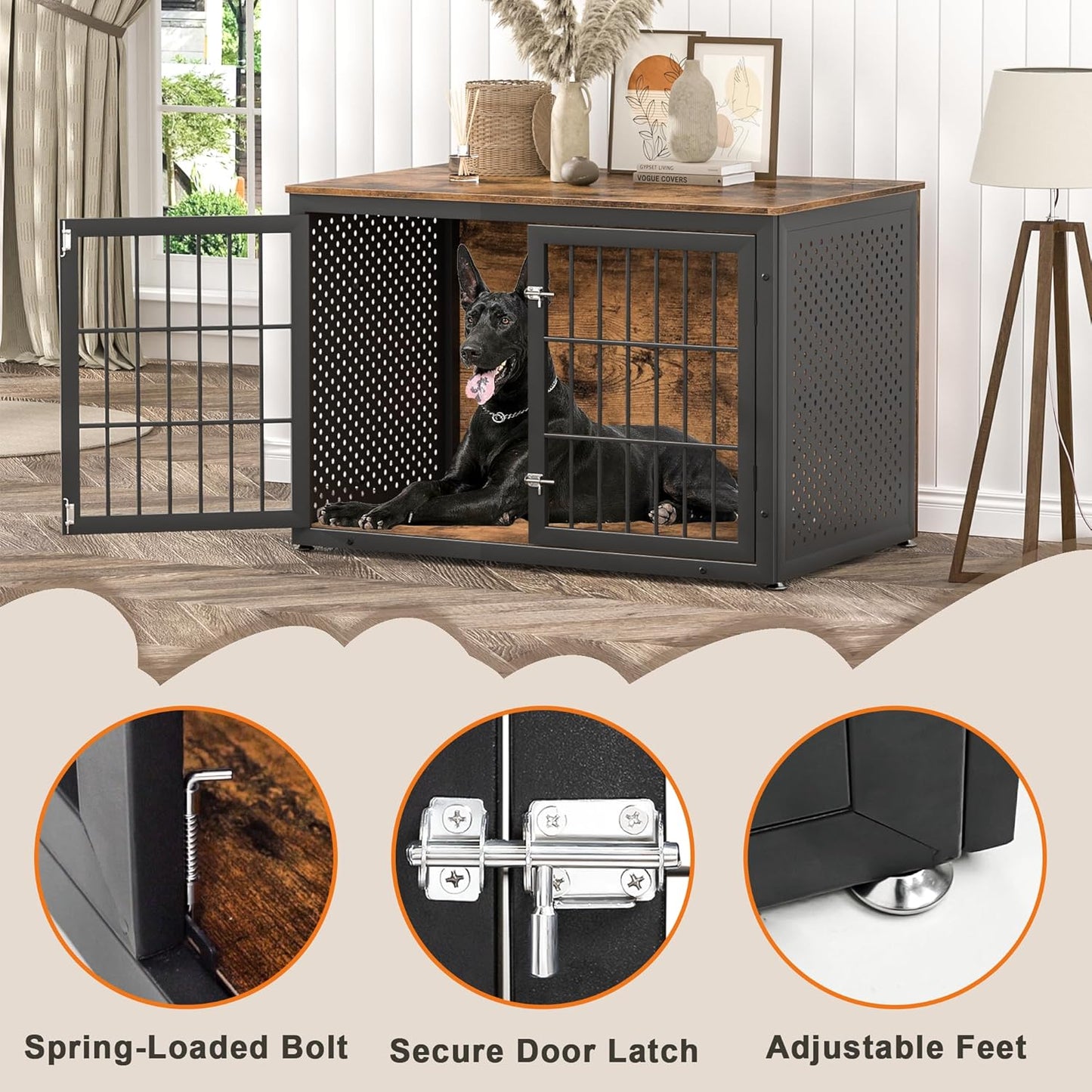 48" Rustic Heavy Duty Dog Crate Furniture for Extra Large Dogs, Metal Kennel for High Anxiety Dogs, Wooden Cage Furniture Indoor, Decorative Dog Kennel End Table, XL