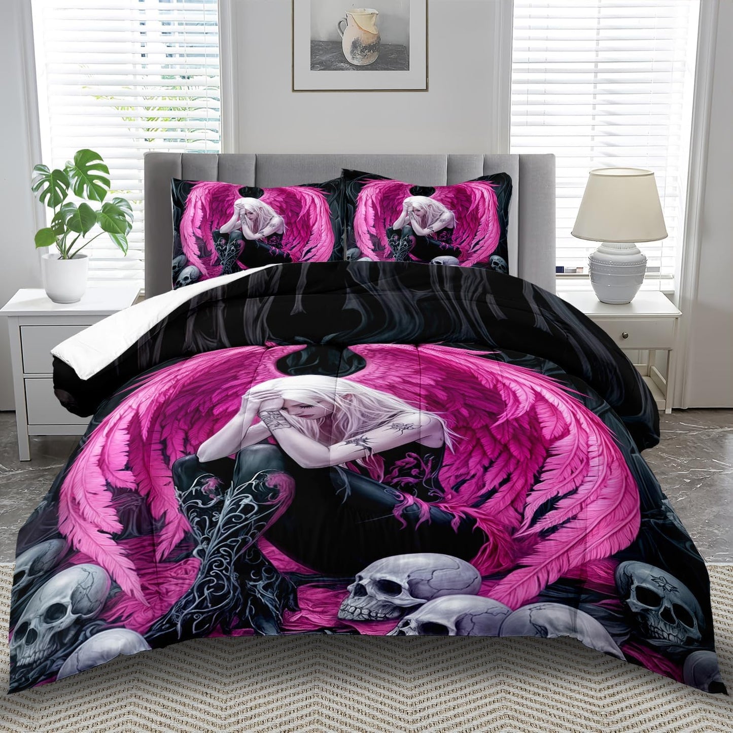Gothic Skull Comforter Set Twin for Adults,Angel Wings Bedding Set Pink for Girls,Sexy Angel Comforter Bedroom Decor Teen,Gothic Skull Bedding Decor Pink Wings Quilt