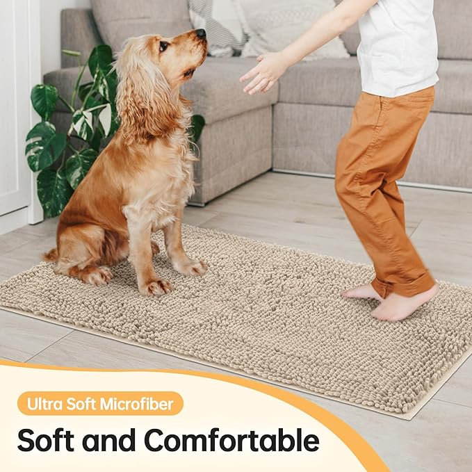Absorbent Dog Door Mat for Muddy Paws, 60" x 36" Chenille Indoor Mats for Entryway, Trap Dirt Front Door Mat Indoor Entrance Washable Non Slip Soft Beige