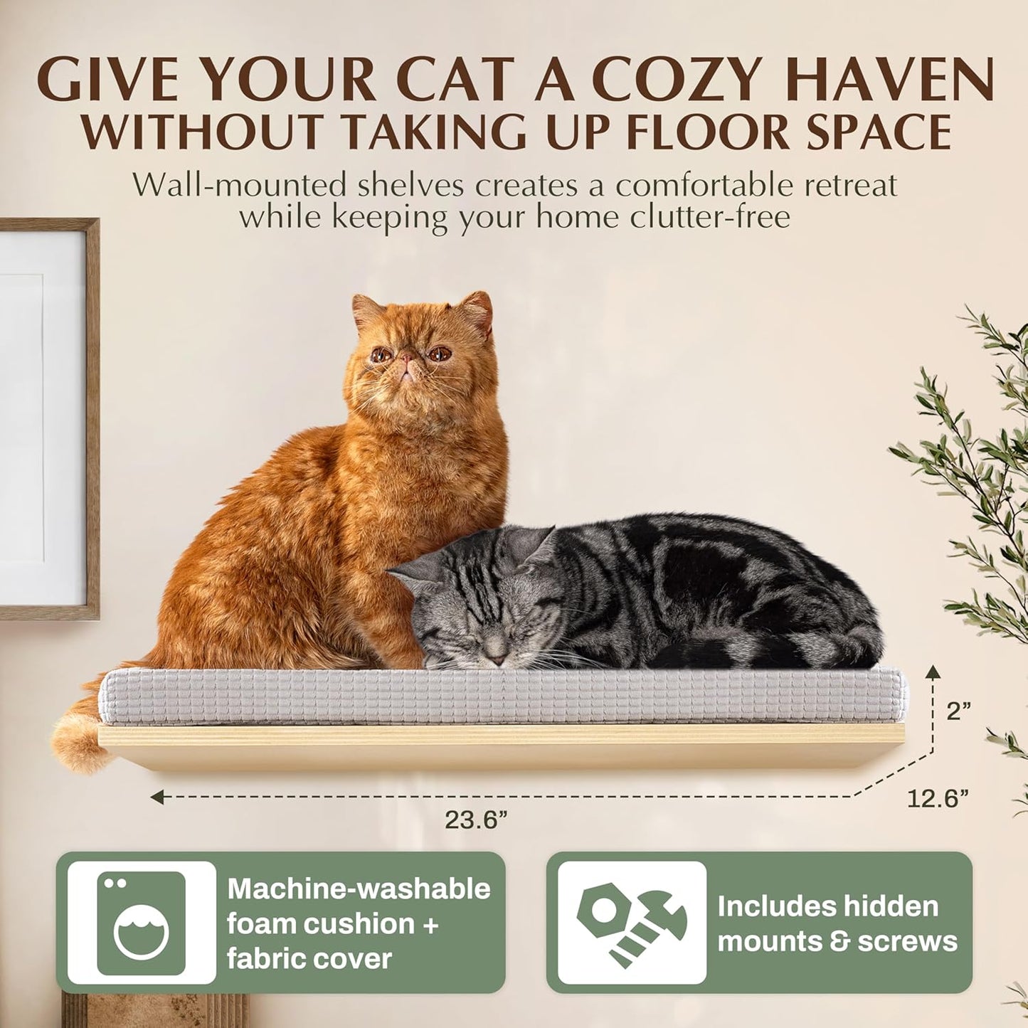 Extra Large 23.6”x12.6” CALLICO HAVEN- Stylish Cat Wall Shelves with Cushion, Modern Wall-Mounted Cat Tree Furniture, Window Cat Shelf & Perch, Sturdy/Hidden Mounts, Washable Cover - Flat Shape