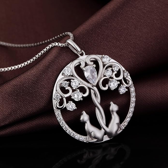 jiamiaoi 18K White Gold Plated Cat Necklace 925 Sterling Silver Diamond Cat Necklace Silver Cat On Moon Necklace for Women Gift for Birthday/Christmas, Come with Gift Box