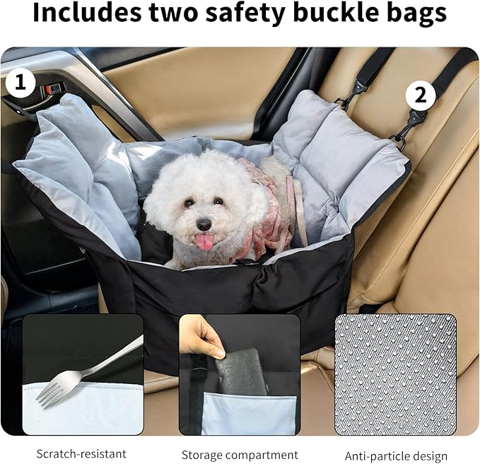 Dog Car Seat for Small Dogs: Puppy Car Seats Bed Waterproof with Safety Leash - Pet Carseat Doggy Carrier with Storage Pockets,Washable,Black