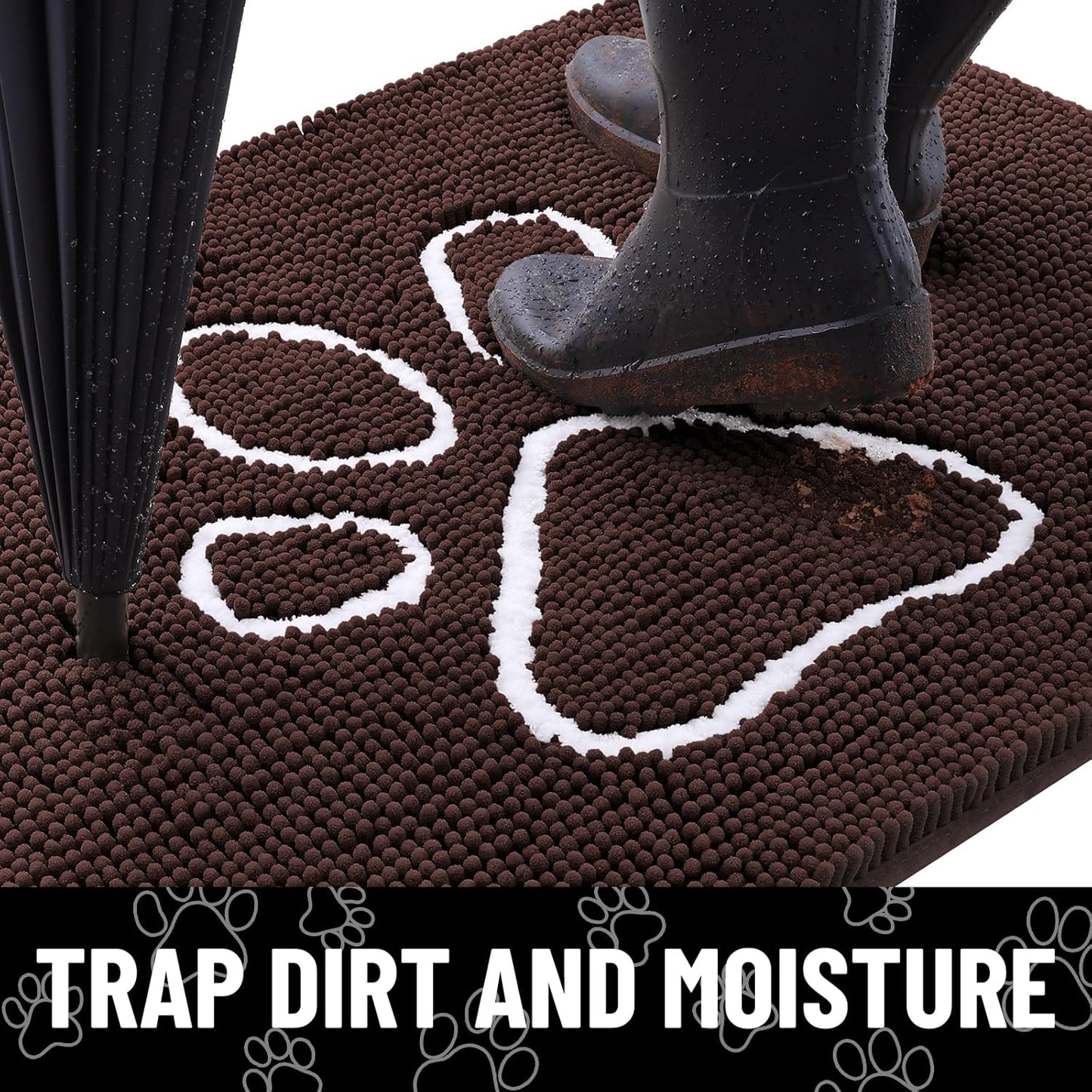 Smiry Dog Door Mat for Muddy Paws, Absorbent Dirt Trapper Non Slip Quick Dry Washable Chenille Mat for Mud Dogs, Entry Rug for Indoor and Outdoor (70x24 Inches, Brown and White)
