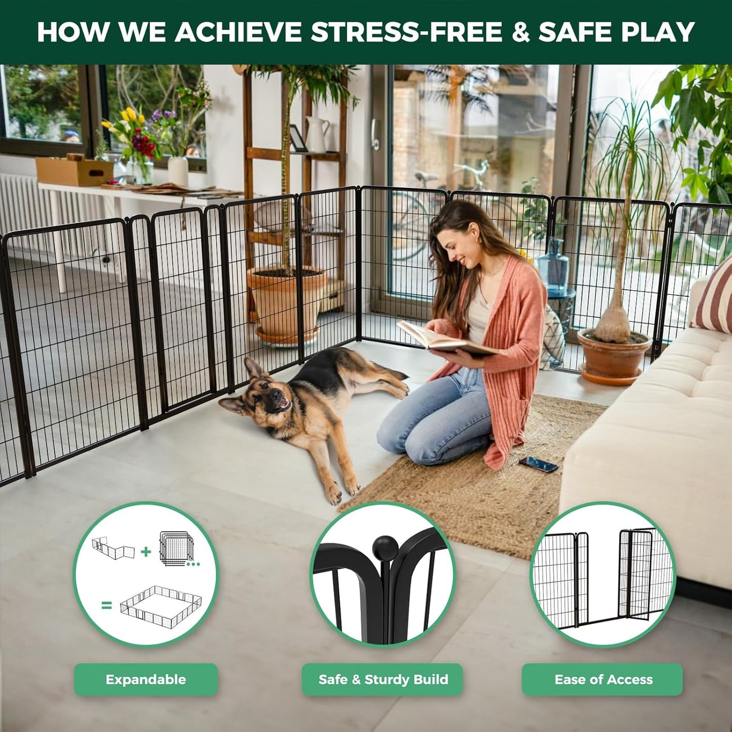 FXW Homeplus Unleashed Indoor Dog Playpen - Stress-Free and Safe Play, Heavy Duty 45 Inch 16 Wire Panels Dog Pen for Large Dogs, Black│Patented