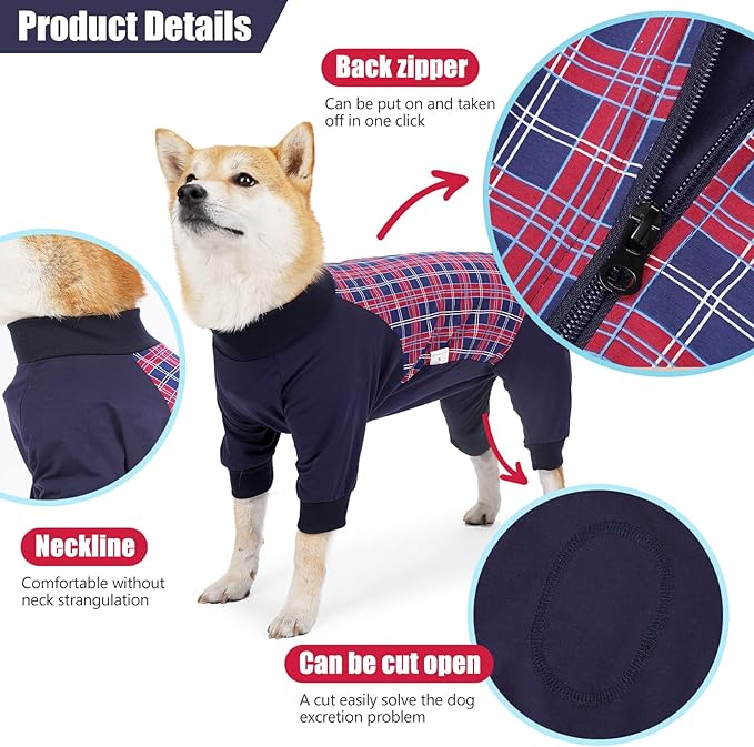 Dog Recovery Suit, Abdominal Wound After Surgery Wear, Anti Licking Bodysuit with Zipper, E-Collar & Cone Alternatives, Plaid Dog Spay Surgical Onesie Prevent Shedding(Small, Red)