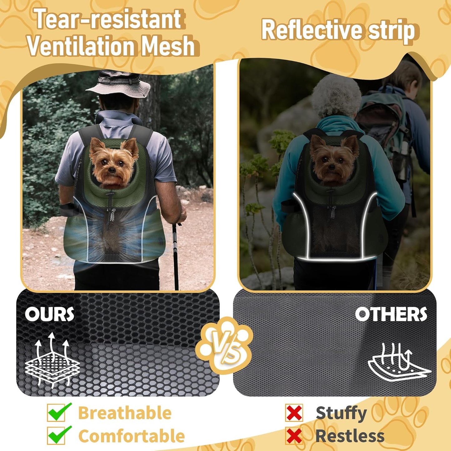 WOYYHO Pet Dog Carrier Backpack Small Dog Front Backpack Ventilated Mesh Dog Travel Back Pack with Safety Belt for Travel Hiking Cycling Outdoor Adventures (Size S: 2-4.5 lbs, Army Green)
