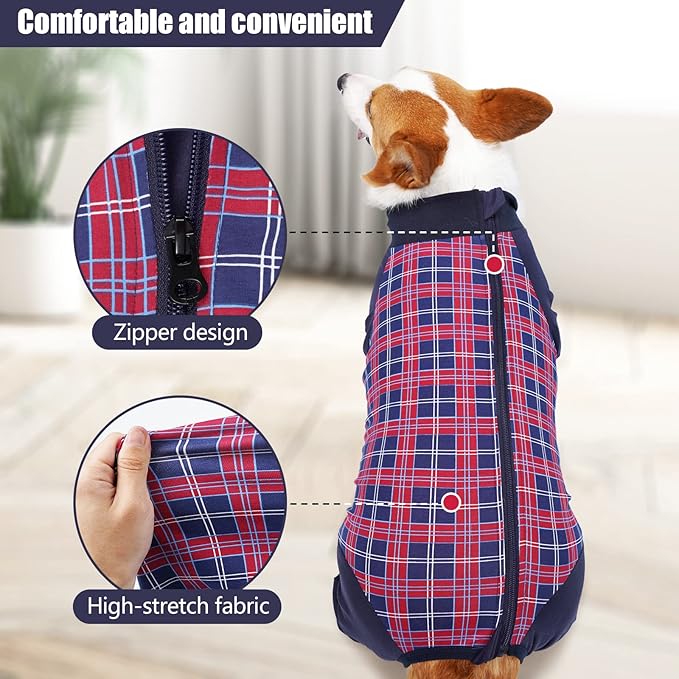 Dog Recovery Suit, Abdominal Wound After Surgery Wear, Anti Licking Bodysuit with Zipper, E-Collar & Cone Alternatives, Plaid Dog Spay Surgical Onesie Prevent Shedding(2XL, Red)