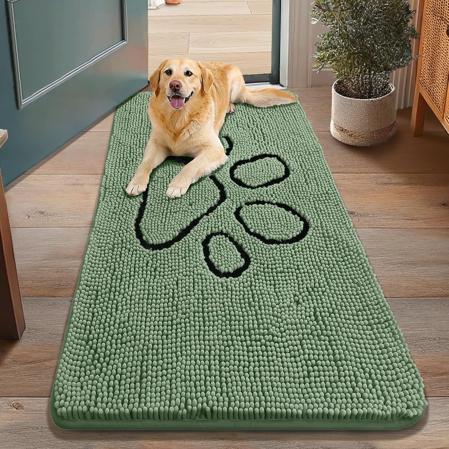 Smiry Dog Door Mat for Muddy Paws, Absorbent Dirt Trapper Non Slip Quick Dry Washable Chenille Mat for Mud Dogs, Entry Rug for Indoor and Outdoor (48x30 Inches, Olive Green and Black)