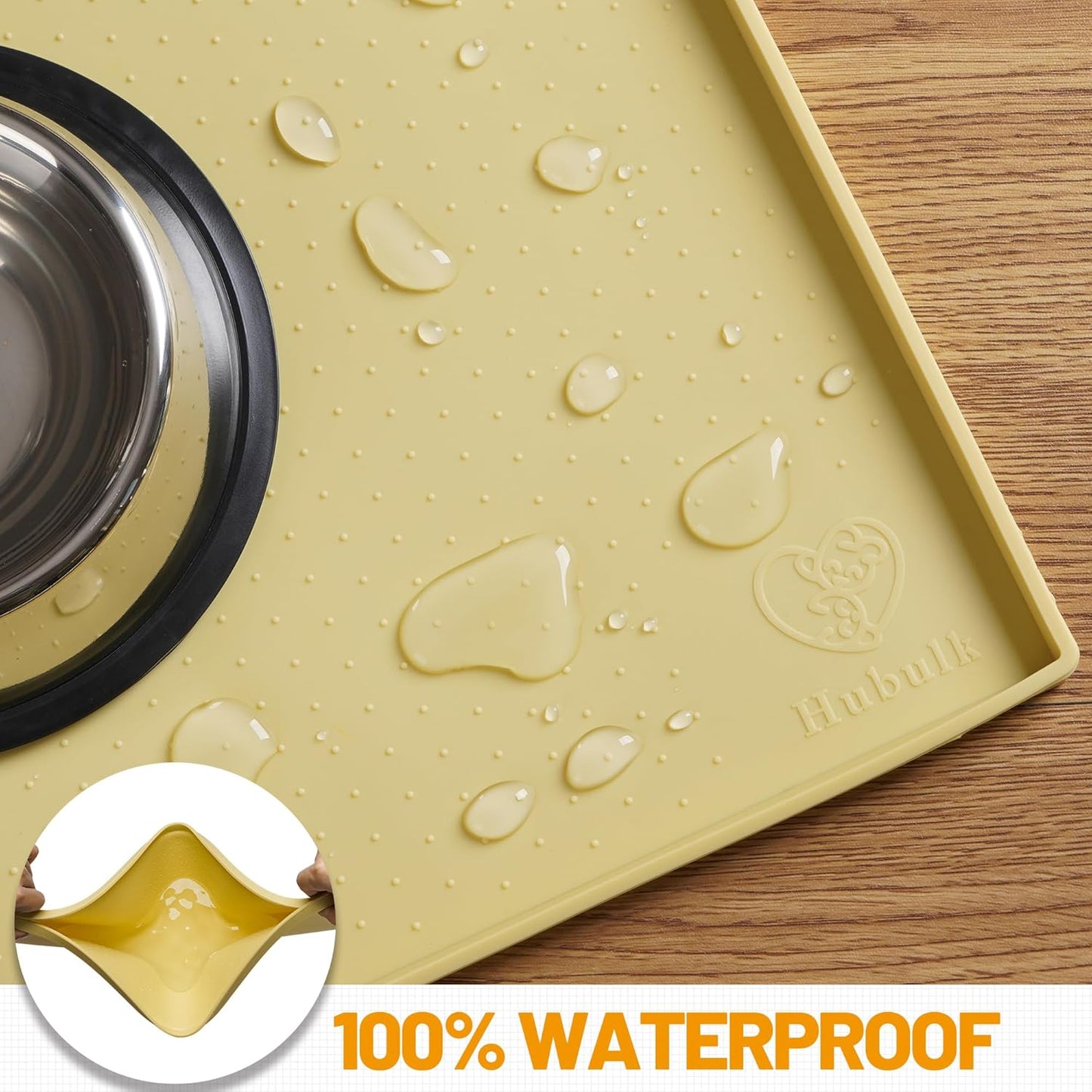 Hubulk Dog Feeding Mat,100% Waterproof Food Grade Silicone Pet Food and Water Bowl Placemat,Dishwasher, High Raised Edge to Prevent Spills,Nonslip Tray to Stop Messes on Floor (32"x24"x1.0", Yellow)