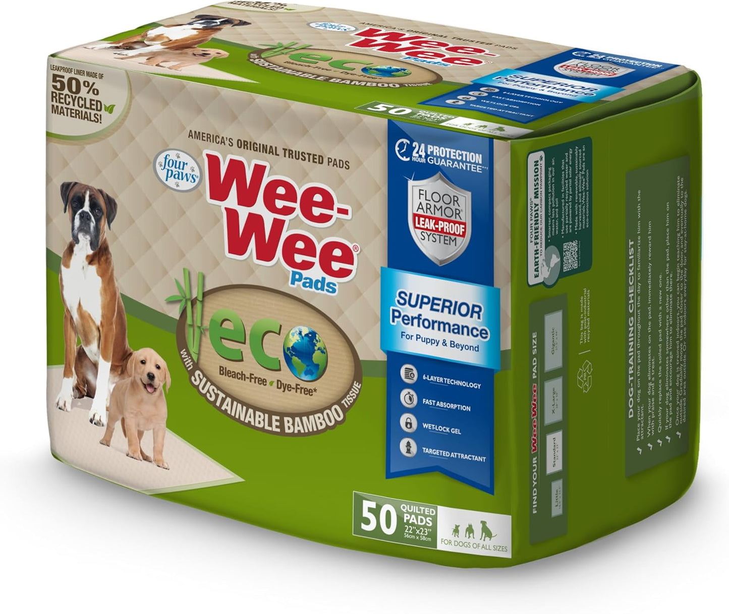 Four Paws Wee-Wee Superior Performance Bamboo Pee Pads for Dogs, Earth Friendly Dog & Puppy Potty Training Pads, Crate Liners, Housebreaking Supplies, 22" x 23" (50 Count)