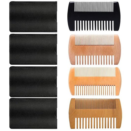 4 Pack Double-Sided Pocket Comb, Wooden Dual Action Beard and Mustache Comb Set with Leather Cases for Beards and Mustaches, Everyday Styling Comb For Detangling Knots, Beard Care & Grooming