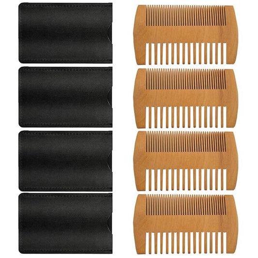 4 Pack Double-Sided Pocket Comb, Wooden Dual Action Beard and Mustache Comb Set with Leather Cases for Beards and Mustaches, Everyday Styling Comb For Detangling Knots (Rosewood)