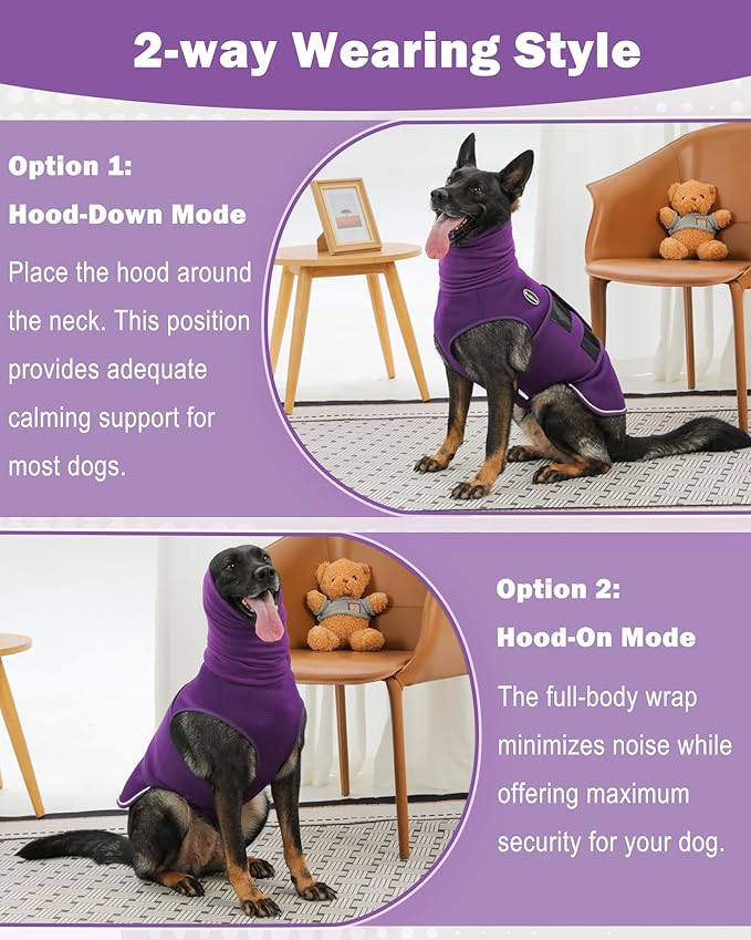 Dog Anxiety Vest with Hood, Skin-Friendly Thunder Jacket for Dogs, All-in-One Dog Calming Shirt with Hood for Thunder, Fireworks, Separation - Keep Pet Calm Without Medicine, Purple, L