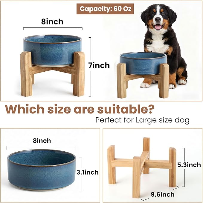 hjn Elevated Ceramic Dog Bowl with Bamboo Stand, Raised Pet Feeding Station for Small Medium Dogs Cats, Modern Design with Anti-Slip Base (Deep Blue, 3.6Cup)