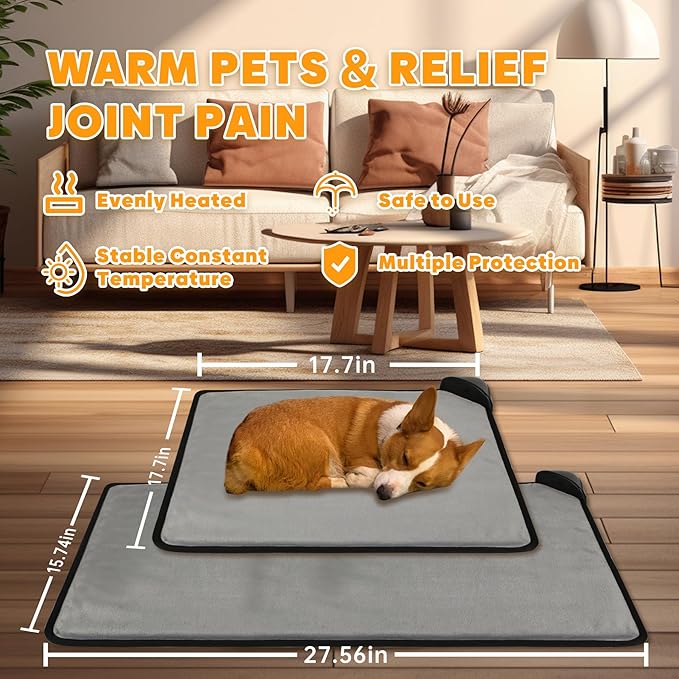 Pet Heating Pad for Cats & Dogs,Safe Electric Cat Warming Pad with Chew Resistant Cord,Automatic Induction Heated Cat Bed,Adjustable Temperature & Time(17.7" x 17.7")
