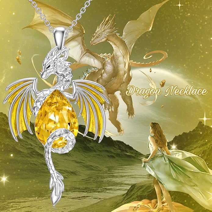 Dragon Necklace for Men Sterling Silver Birthstone Wyvern Necklace Embllished with Teardrop Shaped Crystal Jewelry for Women