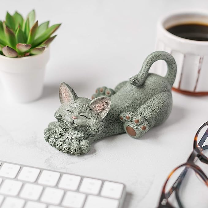 JFSM INC. Whimsical Happy Cat Grey Lounging Figurine - Relaxing Yoga Decor, Cat Lover Gift, Paperweight, Yoga & Meditation Gift, Namaste Decor