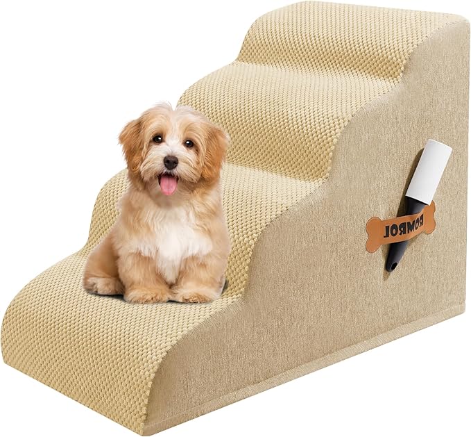 Dog Stairs, Romrol Dog Steps Ramp for High Bed and Couch, Dogs Ramp with Durable Non-Slip Waterproof Fabric Cover, Pet Stairs for Small Dogs and Cats or Pets Joints, 4-TiersBeige