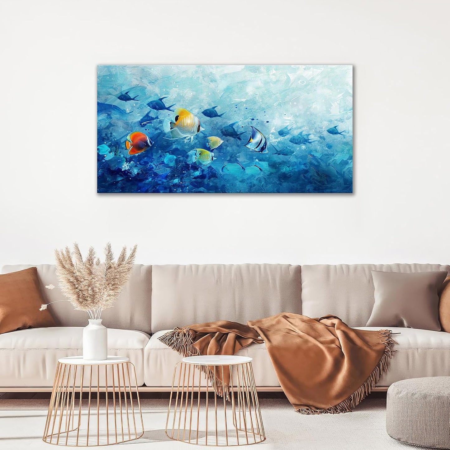 Extra Large Wall Art Tropical Fish Canvas Living Room Pictures Framed Prints Ocean Blue Oversize Wall Decor Animal Painting Artwork for Bedroom Dining Office Home 60"x30"