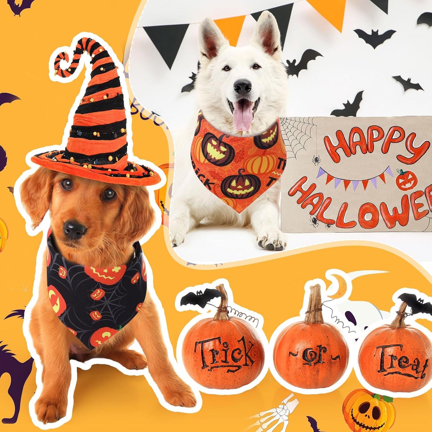 Abbylike 100 Pcs Halloween Dog Bandanas Bulk Pumpkin Bandanas for Dogs Triangle Kerchief Bibs Scarf Set for Pet Halloween Costume Photo Props Accessories Pet Shops, 25 Styles (25.6 x 17.7 x 17.7)