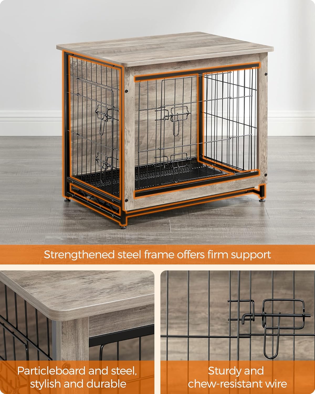 Feandrea Dog Crate Furniture, 27.2" Side End Table, Modern Kennel for Dogs Indoor up to 30 lb, Heavy-Duty Dog Cage with Multi-Purpose Removable Tray, Double-Door Dog House, Greige UPFC001G01
