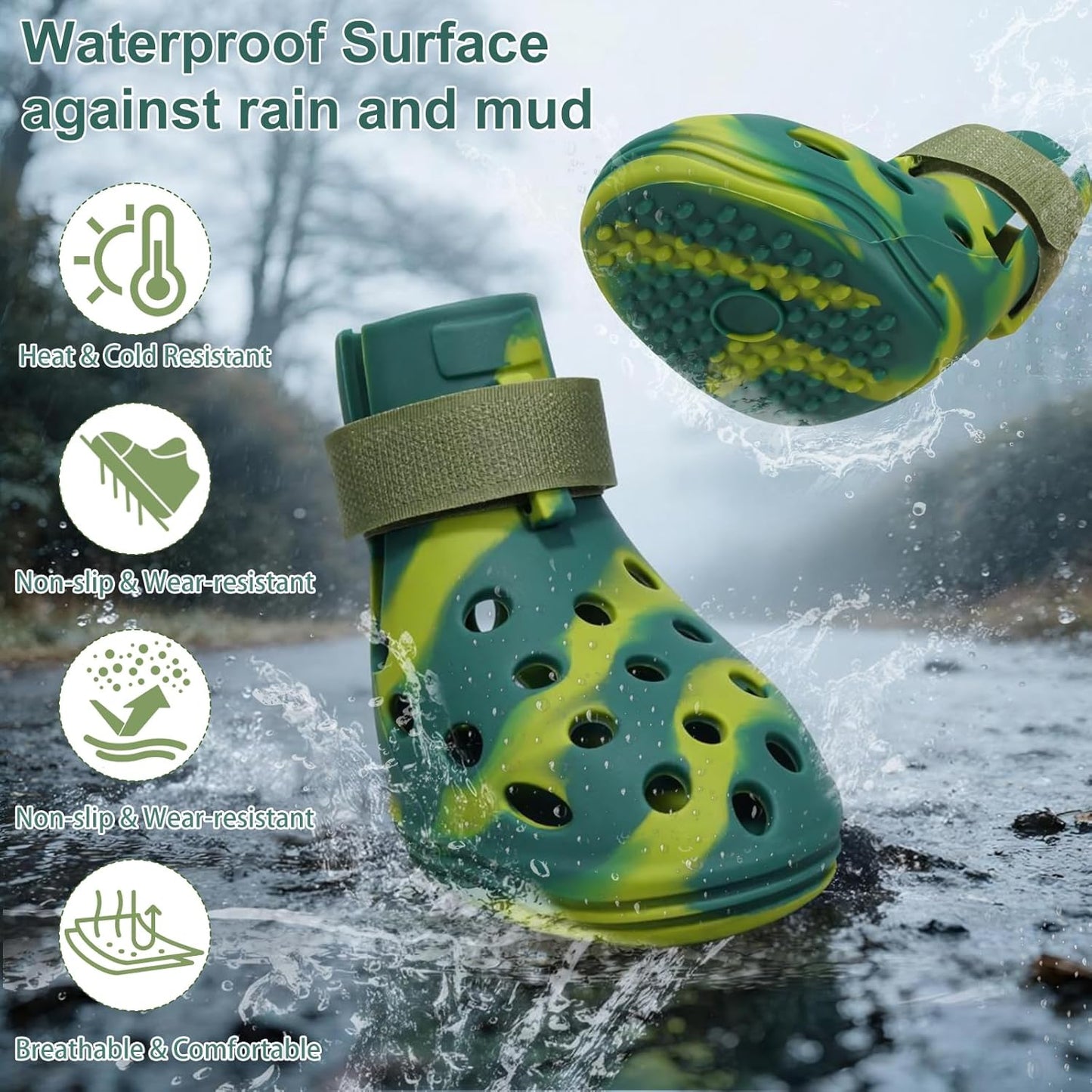 Dog Shoes for Hot Pavement and Snow, Silicone Dog Booties for Small Medium Large Dogs, Waterproof Paw Protectors- Non-Slip, Adjustable Straps, Dog Boots for Beach/Rain/Hiking (Green, L)