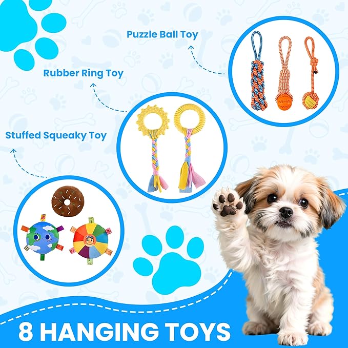 Almaro Puppy Play Gym with 8 Hanging Toys – Interactive Indoor Dog Enrichment Toy for Puppies & Small Dogs, Adjustable Bungee Toys, Tool-Free Assembly