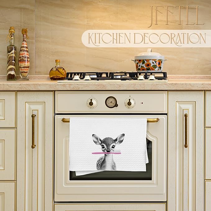 Funny Toothbrush Deer Hand Towels for Bathroom Washroom Restroom Decor, Deer Gifts for Women, Kids Hand Towels, 16x24 Inch
