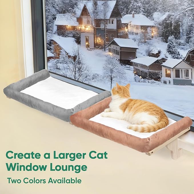 Cat Window Perch with Bolster, Large Hammock Bed for Indoor Cats, Solid Wood & Metal Frame Mounted Perch, Cozy Sunbathing Lounge Bed, 25” Wide (Brown Bed)