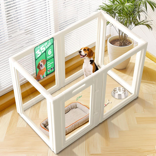 FXW AuraSpace Acrylic Indoor Unleashed Dog Playpen for Medium Dogs, 35 Inch, 6 Panels, White
