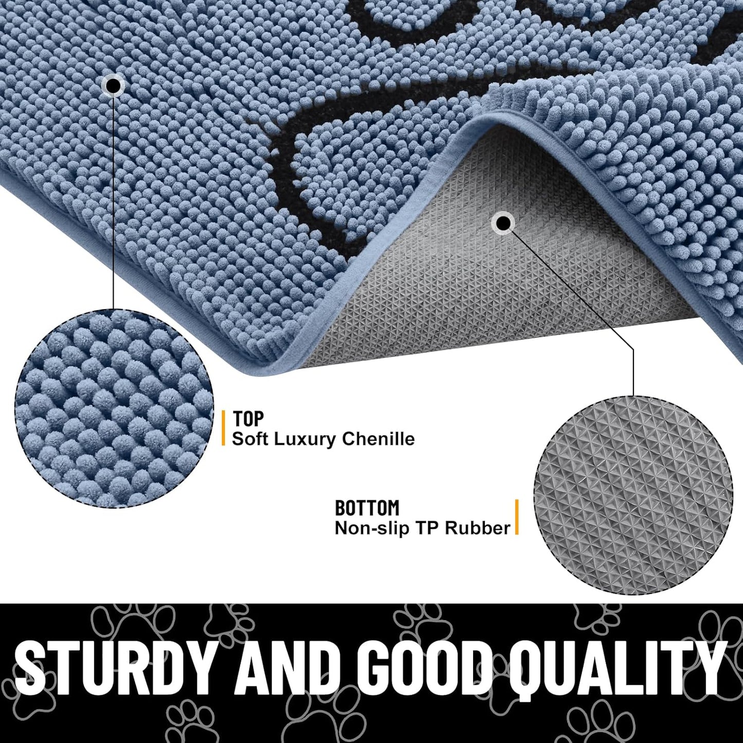 Smiry Dog Door Mat for Muddy Paws, Absorbent Dirt Trapper Non Slip Quick Dry Washable Chenille Mat for Mud Dogs, Entry Rug for Indoor and Outdoor (30x20 Inches, Airy Blue and Black)