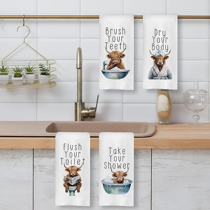 Funny Western Cow Bathroom Hand Towels Set of 4, Funny Western Cow Decorative Hand Towels for Bathroom Decor, 16x24 Inches