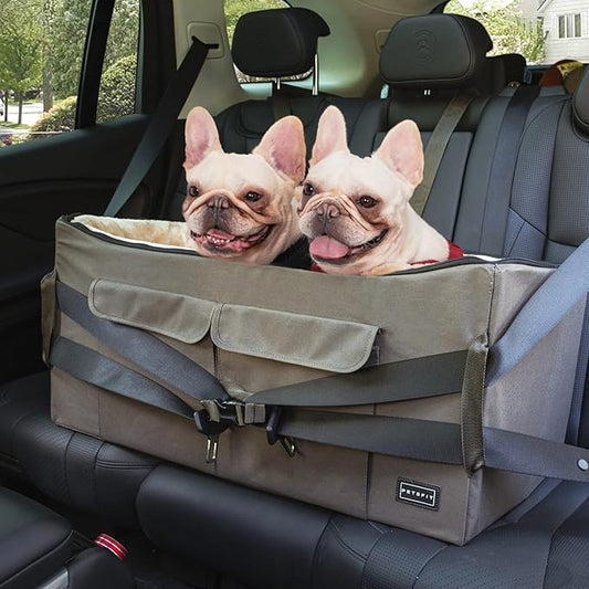 Petsfit Dog Booster Seat for 2 Small Dogs or Medium Dog up to 55 lbs, Large Dog Car Seat with 2 Big Pockets for Cars, Trucks and SUVs (Large, Brown)