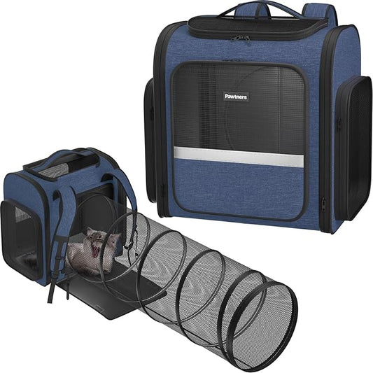 Pawtners Cat Carrier Backpacks Expandable Pet Backpack with Breathable Mesh, Pet Carrier Backpack for Cats Small Dogs Puppies Up to 18 Lbs, Dog Carrier Backpack for Travel Hiking Camping Outdoor Blue